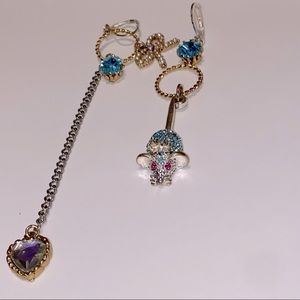 Vintage Betsey Johnson Blue Mouse and Heart Drop Earrings